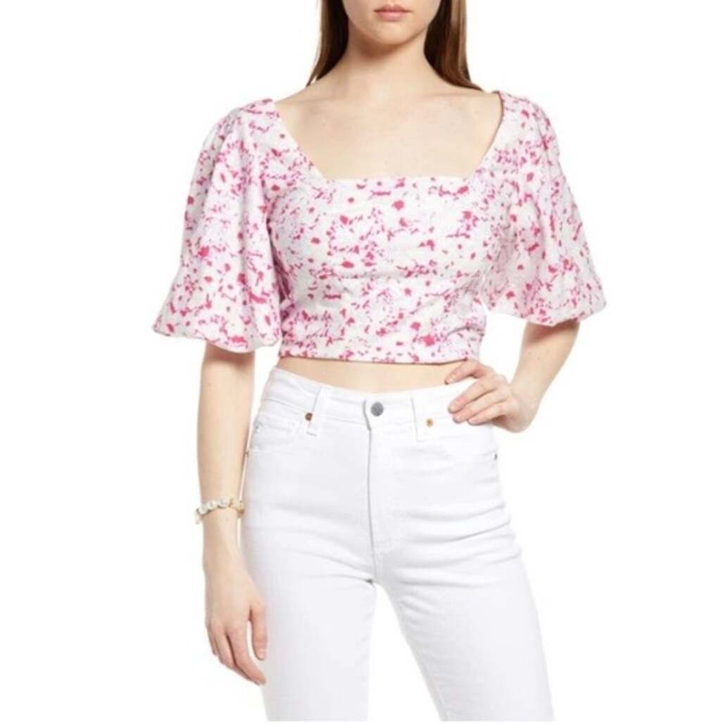 Open Edit Crop Top Women's XXS White Pink Puff Sleeve Linen Blend NWT